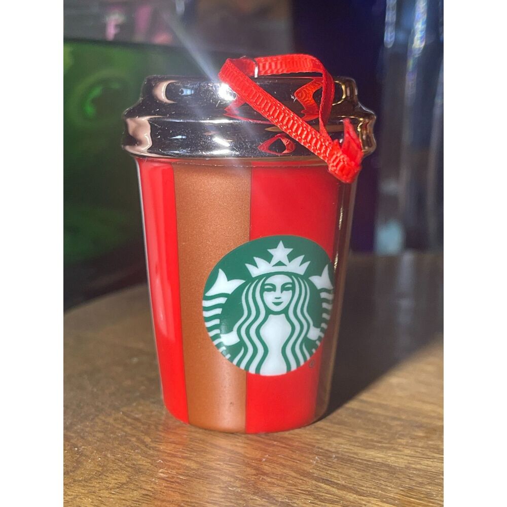 Starbucks Holiday Ornament Red Cup Holiday Red Stripe Ceramic 2018 Excellent